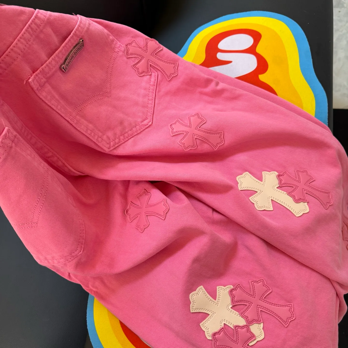 P300 Style number: D343 Chrome Hearts CH gram limited pink leather jeans Color: rose pink Size: S M L